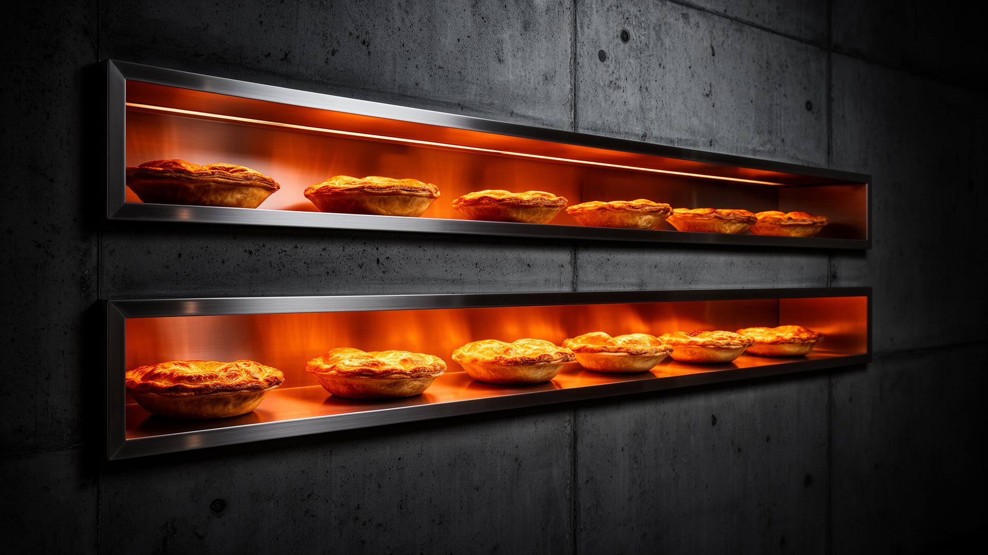 Backlit pies in concrete alcoves at Club Pie